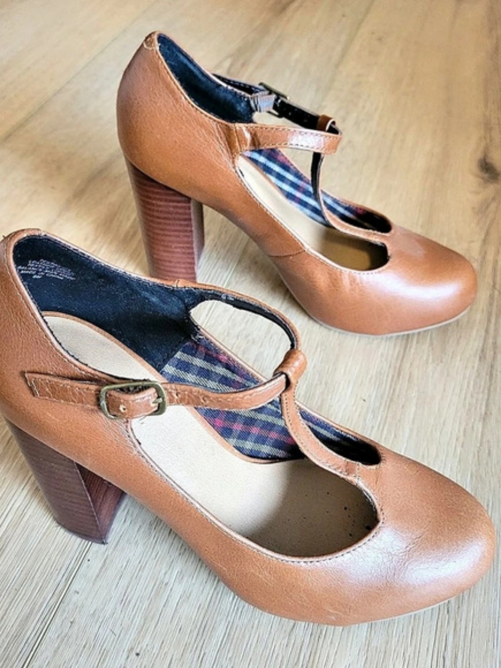 Crown Vintage Tess Cognac Brown Leather T-Strap Block Heel Pumps Retro Size 6 - Picture 3 of 5